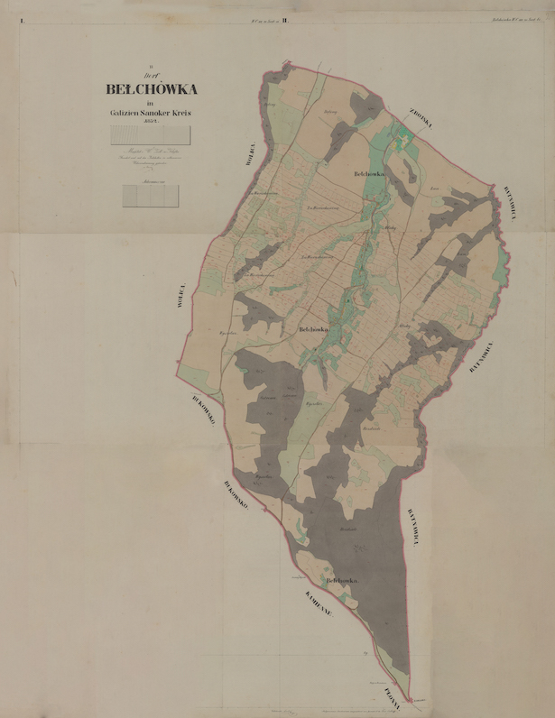 A single image of several hand-drawn maps of Bełchówka, Austria-Hungary, from 1852