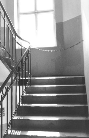 A photo of a set of steps inside a building at Auschwitz